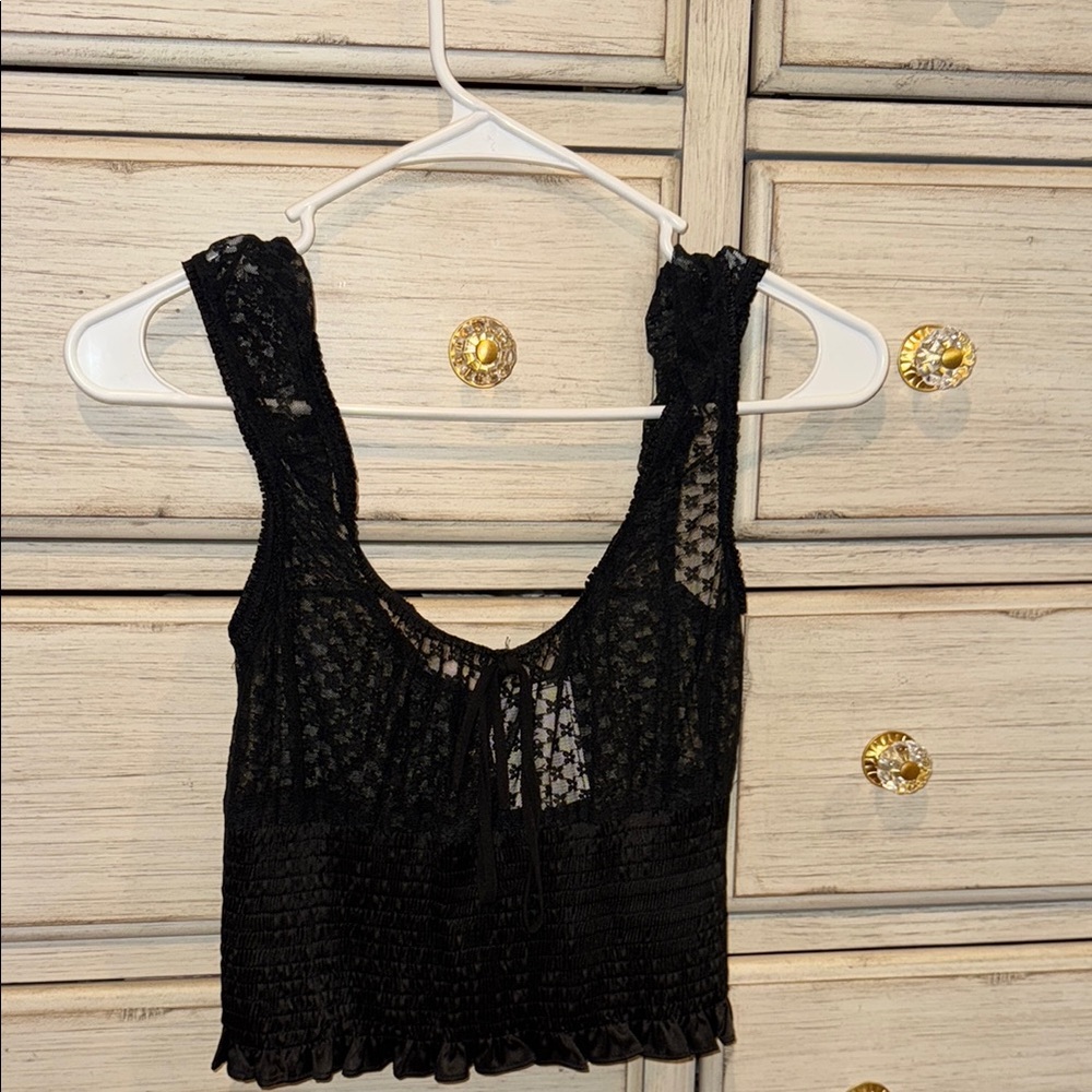Emory Park Elegant Black Smocked Mesh Top